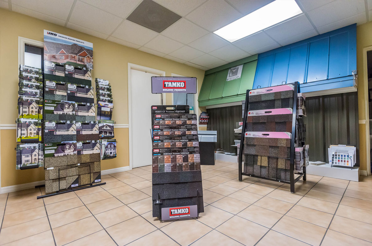 Interior of Greenling Roofing's Naples Roofing Showroom located at 1954 J & C Blvd. Naples, FL 34109 | Naples Roofing Contractors
